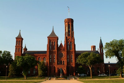 The Smithsonian Castle is centrally located on the National Mall