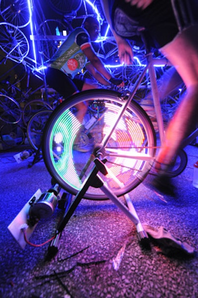 Lights by MonkeyLectric created graphic light shows on the bikes' wheels.