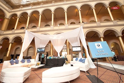 BMW returned as the official automotive sponsor this year with a branded lounge at the far end of the museum featuring large white ottomans and its signature white putting green.