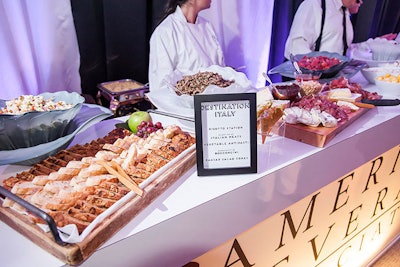 Across the V.I.P. room, Destination Italy included a selection of Italian meats, risottos, vegetable antipasti, bocconcini, and Caesar salad cones.