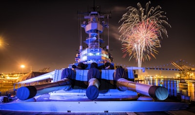 Fireworks looking from the bow towards the bridge. Photo: Michael Justice