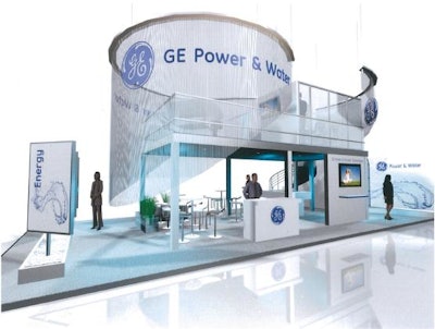 G.E. booth, created to display a water-tower-like ensemble to go with the theme of the presentation using custom-size white string curtain.