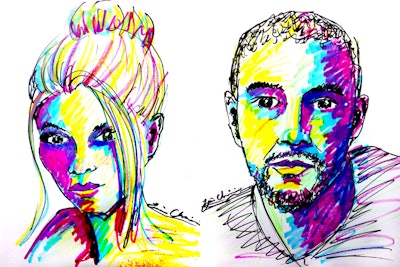 Bold fluorescent portrait sketches are a unique change from caricatures.