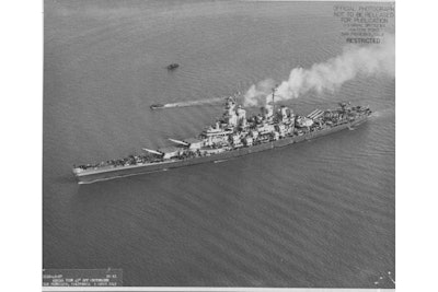 The ship steaming into Tokyo Bay in 1945