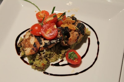 Grilled chicken paillard, roasted and ripe tomatoes, spring vegetables, quinoa