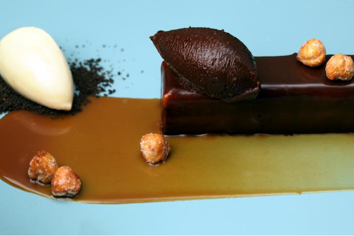 Chocolate ganache with candied hazelnuts