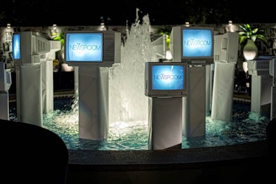 A custom installation in Paramount's fountain used reengineered vintage TVs.