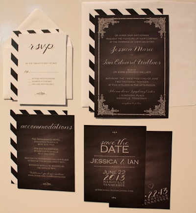 At the National Stationery Show in May, black-and-white stripes accented a stationery suite printed on a chalkboard-style background from Something Detailed.