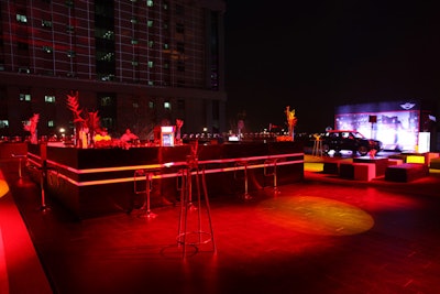 The top level served as an outdoor terrace, a space designed to offer the best views of a 3-D video mapping projection. The unusual venue also had the benefit of views of the Baha'i Lotus Temple and Jawaharlal Nehru Stadium.
