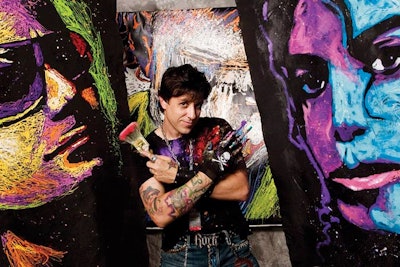 Orlando-based artist Rock Demarco’s claim to fame is that he can paint anything in less than 10 minutes. Performing to a rock 'n' roll soundtrack, Demarco can speed-paint portraits of celebrities, C.E.O.s, and other notable figures on canvas for a fee that ranges from $6,000 to $10,000. His latest live-performance element: wearing a glove equipped with five fingerlike paintbrushes that shoot lasers as he works.
