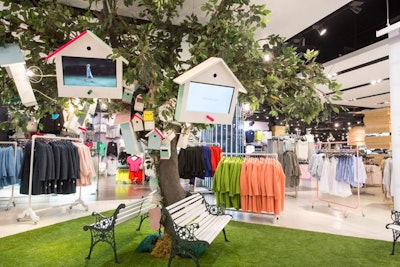 Topshop hung monitors made to look like birdhouses inside its Oxford Circus store during London Fashion Week. As images from its fashion show played on the screens, the monitors shared 'chirps'—brief birdsong-like sounds that activated data on nearby mobile devices running the Chirp app.