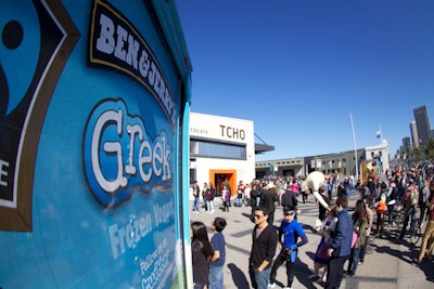 Attendees at the San Francisco City Churned flavor launch outside Tcho Chocolate sampled Ben & Jerry's San Fran-tastic, which included ingredients from Tcho and Kika's Treats.