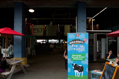 Large signage at the entrance to Ben & Jerry’s City Churned event in New York, hosted at Pier 57, invited fans to try the local flavor.