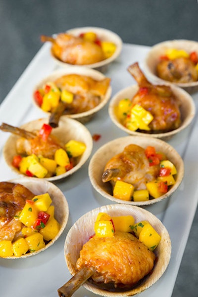 One of the more savory passed appetizers at the V.I.P. party was bite-size chicken drums and wings with mango salsa.