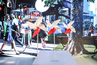 Blowing on pinwheels in one section triggered the movement of balloons in the walls video image. In another area, an audio mixer allowed guests to push a lever to start a variety of events: a laser party with dance music, flickering taxi lights, or turning the Williamsburg Bridge lights on with the sounds of a train going by.