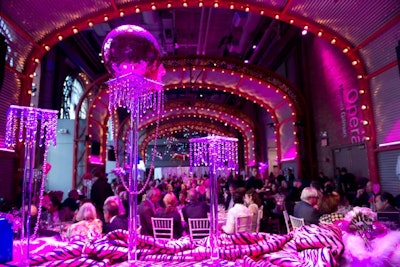 The preshow dinner reception was held inside BAM’s Lepercq Space, which Fleurs Bella gussied up with a bedazzled, campy, Anna Nicole-worthy display of crystals, disco balls, marabou, and animal prints.