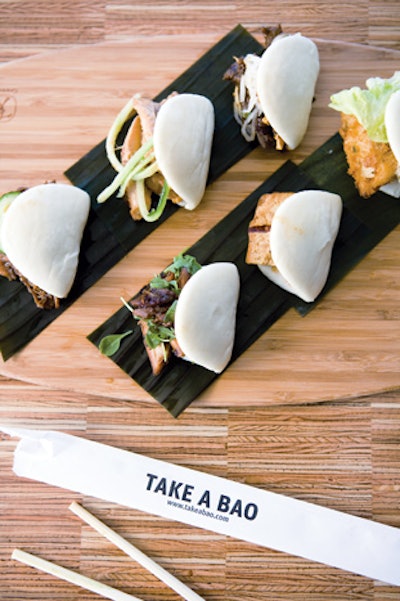 Los Angeles-based Take a Bao offers modern Chinese baos. The steamed buns are rolled flat and filled with ingredients such as free-range tamarind barbecue chicken, sweet soy organic tofu, or hoisin pork, and topped with produce from local farms. Vegan, dairy-free, and gluten-free options are available. Starting from $45 for 10, the delivery minimum at the Studio City location is $150.