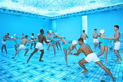 A specially commissioned Hermès scarf that referenced a Beverly Hills pool inspired the party. One room was an interpretation of a glamorous vintage pool, with a giant LED ceiling creating an underwater effect, a troupe of dancers meant to evoke synchronized swimmers, and a faux tile floor bearing the house's H motif.