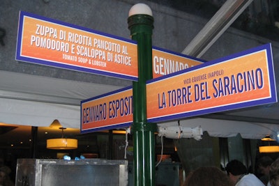 Tall signs showed the names of the chefs and their dishes at Citymeals-on-Wheels' tasting benefit, decorated as an Italian street fair.