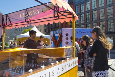 Consumers could taste a truffle at Godiva's activation at Gansevoort Plaza in New York's meatpacking district. Staff had iPads on hand to collect email addresses for follow-up materials, and consumers also could make on-the-spot purchases.