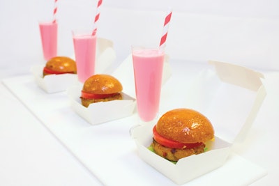 Sirloin sliders with strawberry milkshakes, by Elegant Affairs Off-Premise Catering & Event Design in New York