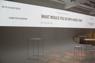 Guest replies to the question 'What would you do with more time?' were projected onto the wall, with the answers rotating in and out.
