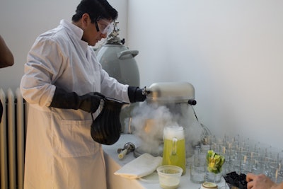 Creative Edge Parties created liquid-nitrogen cocktails, dubbed the 'It's Time Refersher,' that included Hendrick's Gin and dehydrated uza powder.