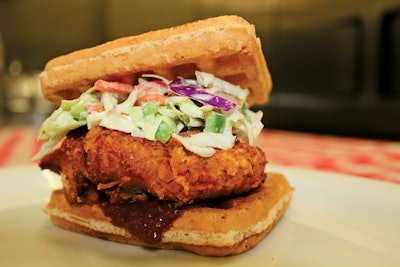 Add a Southern vibe to a lunch meeting with Chicken Fried Soul sandwiches, featuring jalapeño coleslaw and a bacon-wrapped and buttermilk-battered chicken breast stuffed between two maple-flavored waffles, from Soul Groove in San Francisco. Being the Bay Area, vegetarian, vegan, and gluten-free versions of the signature sandwich, $7.50 each, are also available.