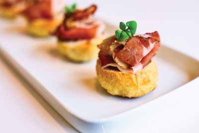 Bagel bites with shaved wild boar prosciutto, red-eye aioli, and everything bagel crumbs, by L-Eat Catering in Toronto