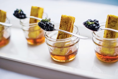 French toast sticks with bourbon-infused maple syrup and blueberry thyme jam, by L-Eat Catering in Toronto