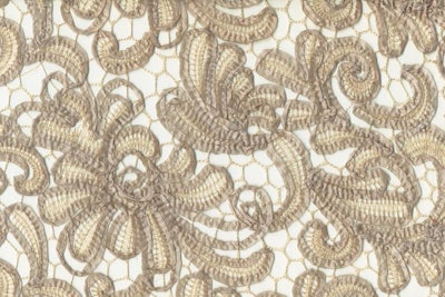 Taupe Victorian Lace linen and runners, price upon request, available in Miami and New York from Nüage Designs