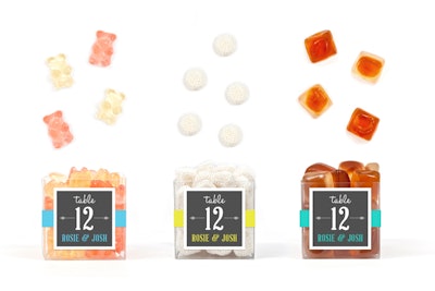 For unique candies that will get guests talking, check out online sweets shop Sugarfina. The California-based company travels the world in search of gourmet candies and chocolates (think Belgian ale gummies, absinthe chocolate cordials, and matcha green tea caramels). The treats can be ordered for candy buffets in five-pound boxes ranging from $65 to $80, and consultants can be called upon to recommend a mix of candies for certain themes. Also available: stylishly packaged corporate gift options.
