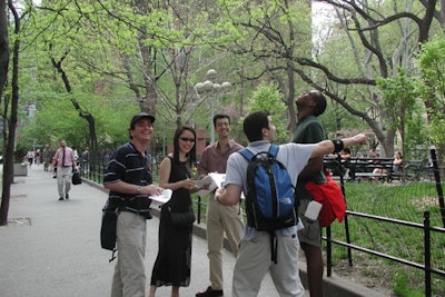 A team participates in a teambuilding Greenwich Village scavenger hunt.