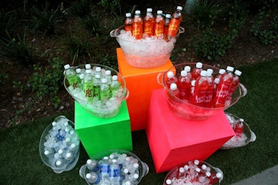 As part of the event decor, and also because the event was alcohol-free, displays of Aquafina's colorful new sparking water beverages were placed throughout the venue.