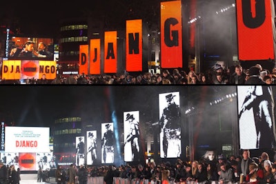 The United Kingdom premiere of Django Unchained in January illuminated London's Leicester Square with enormous LED panels that led to the screening at the Empire cinema. The outdoor arrivals, which spanned the north side of the central London pedestrian plaza, saw six 12-foot-tall screens splash the name of Quentin Tarantino's film and images of the characters overhead as stars Jamie Foxx, Christoph Waltz, and Kerry Washington walked the white-colored red carpet. To provide the displays, producer Premier tapped XL Events, which built each piece from 12 lightweight, semitransparent tiles. XL also supplied 72 LED tiles used for a screen that served as the backdrop for a stage where interviews with the cast took place.