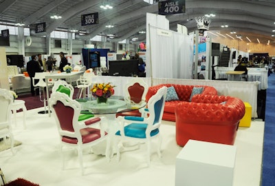 At the Eventbrite pop-up lounge and its own booth, Cort Event Furnishings displayed the company’s new Napoleon seating collection, which includes a white vinyl chaise lounge and modern French chairs in six different colors.
