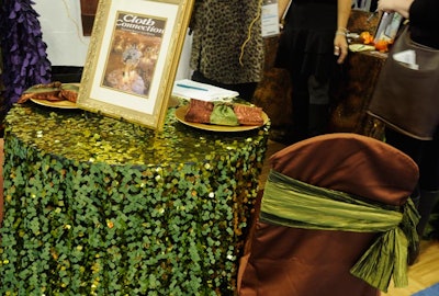 Cloth Connection displayed several new additions to its line of rentable linens, including a chartreuse-colored version of its disco paillettes fabric.