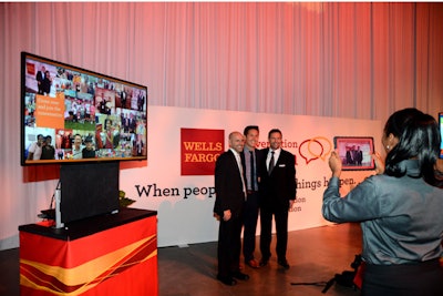 Wells Fargo brought its national Conversation Nation tour to the reception with local reps capturing photos of guests and polling them on lifestyle questions such as how they use social media. Photos appeared on the two screens on site and were sent via email so guests could see how their responses to the poll questions compared to others around the country.