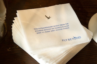 Messages on napkins were part of the subtle branding for Grey Goose. Part of the new brand campaign was to educate consumers on the vodka company's history.