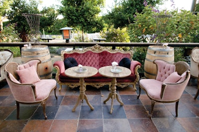 Rosette Sofa, Lulu Chairs with Oak Wine Barrels, Bistro Tables