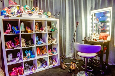 Fashion Lounge sponsor Crystal4U by Cynthia Rodriguez created a display for the designer's collection of custom embellished shoes, accessories, and handbags. Guests could also use it as a photo backdrop.