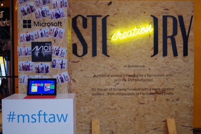 Prints from the photo booth were pinned to a branded column near the activation's entrance. Guests could use Microsoft Surface tablets to share the images on social media.