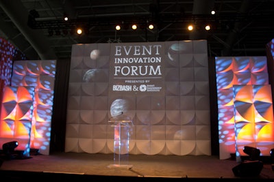 Dynamic Drape & Decor utilized its new Form Set collection of modular pieces to create the Event Innovation Forum stage backdrop. The line, which debuted on IdeaFest show day and is available now, is ideal for projected lighting and video mapping displays.