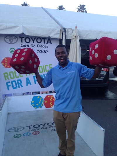 For a Vegas-specific brand activation, Toyota also offered prizes for festivalgoers who rolled a pair of oversize fuzzy dice; prizes corresponded to the sum of the number rolled on the dice.