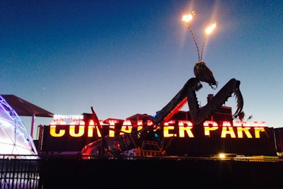 An art piece from Burning Man towered over Container Park, an element of Tony Hsieh's Downtown Project vision for downtown Las Vegas.