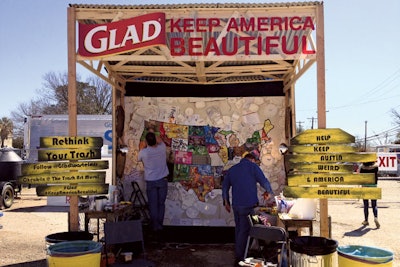 At South by Southwest, Glad and Keep America Beautiful partnered to provide 13 trash, compost, and recycling areas. To raise consciousness, they teamed up with artist Jason Mercier to create a mural of America made from SXSW trash, with digital prints of the artwork available for download.