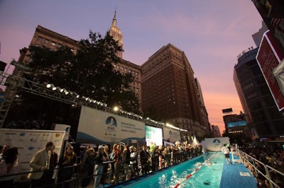 The Nyad Swim for Relief promotion hit New York's Herald Square October 8 to 10, taking over the pedestrian plaza directly opposite Macy's. The public stunt kicked off a monthlong effort from AmeriCares to raise funds for Hurricane Sandy-related disaster relief.