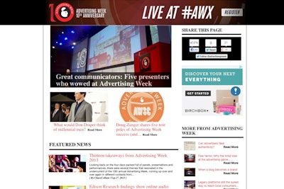 The EventHub for Advertising Week has a variety of articles like a traditional news site but also includes a link to registration, the event hashtag, and a Twitter feed.
