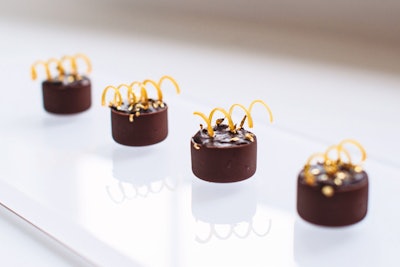 Lindsey Shaw Catering in Toronto recommends serving dark chocolate tarts, made with pumpkin mascarpone and spun sugar spirals, as tray-passed hors d’oeuvres.