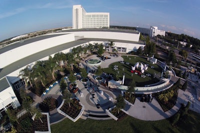 The drone can fly as high as 130 feet to capture a very wide view of an event, as it did at the grand opening of Hilton Orlando's new outdoor venue October 29.